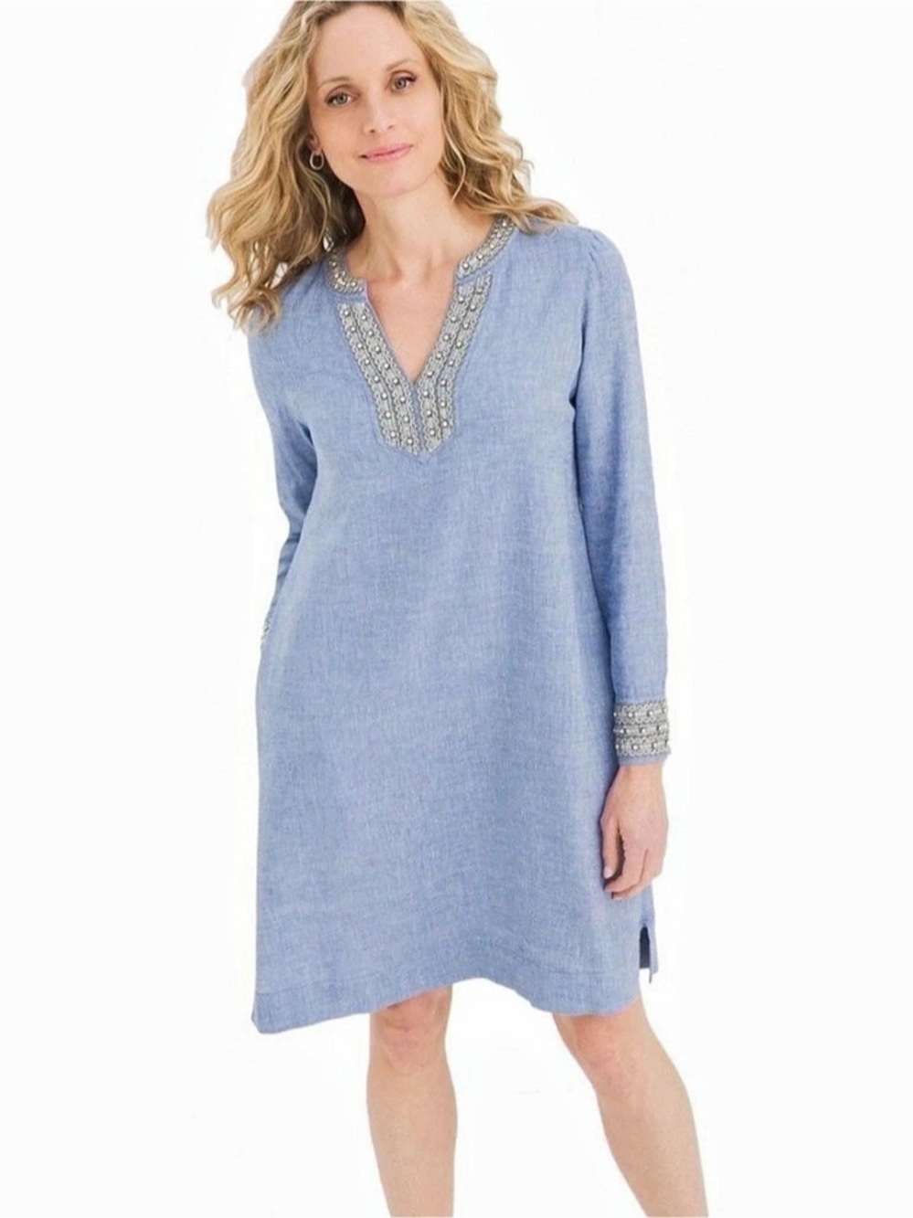 Chico’s Blue Embellished Neck Mini Dress